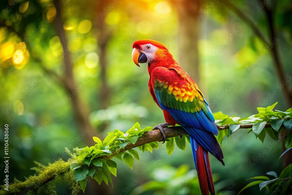 Obraz premium Vibrant Tilt-Shift Photography of a Colorful Parrot Perched on a Branch in a Lush Green Forest Surrounded by Rich Foliage and Natural Beauty
