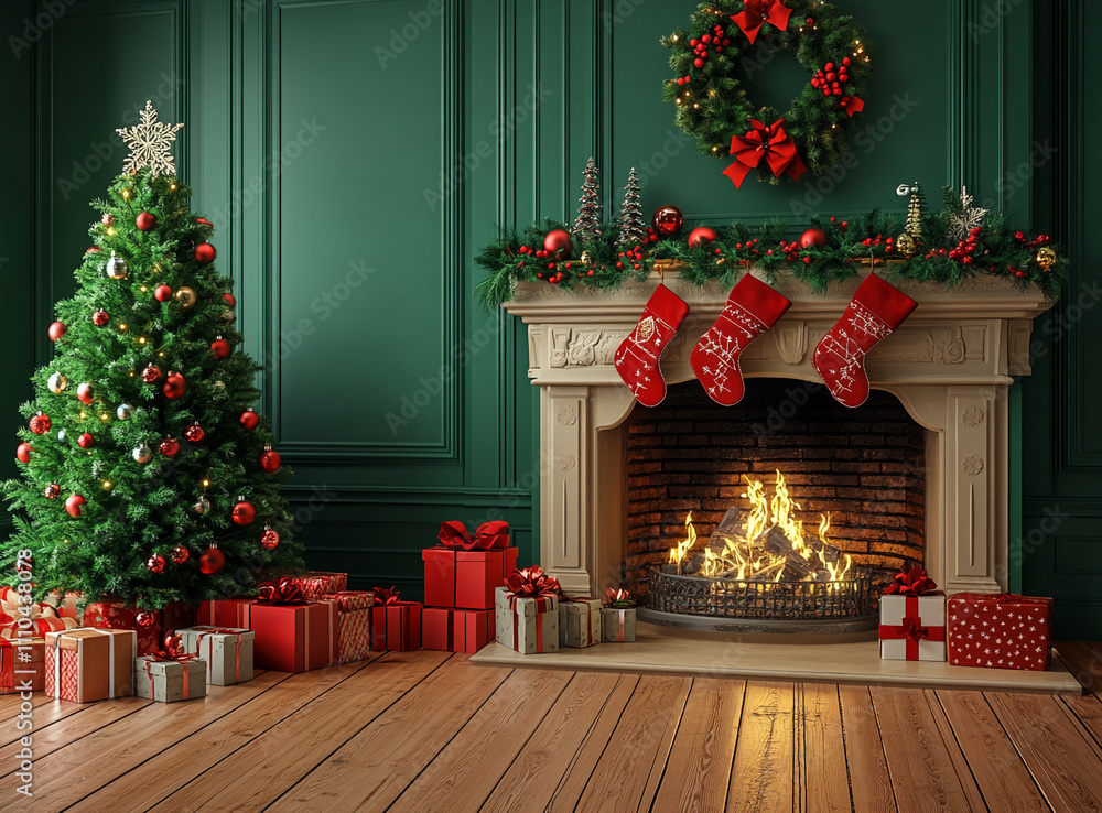 Holiday living room with Christmas tree, fireplace, and decorations creating a festive atmosphere Holiday living room with Christmas tree, fireplace, and decorations creating a festive atmosphere