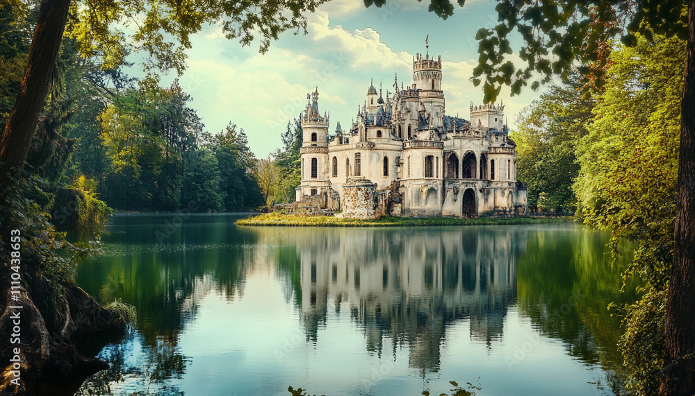 Obraz premium Majestic castle surrounded by serene water and trees