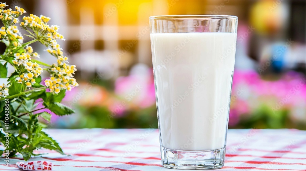 Refreshing Glass of Milk with Flower Arrangement in Background Refreshing Glass of Milk with Flower Arrangement in Background