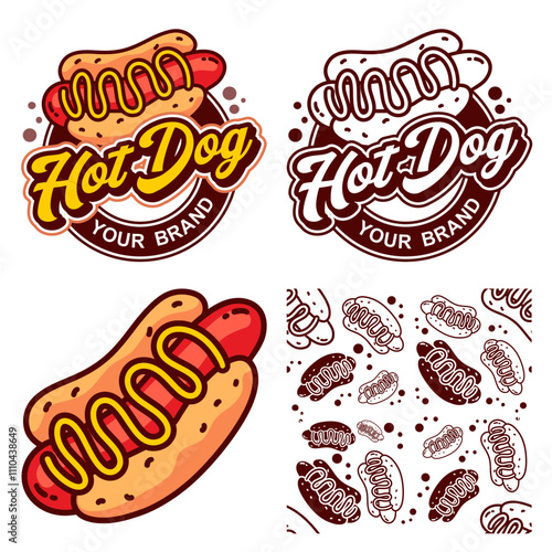 hotdog logo, Asian food,  logo, Noddle plate, hot, bar, fire, lettering, splash, logotype design. Hand drawn vector illustration, fast food