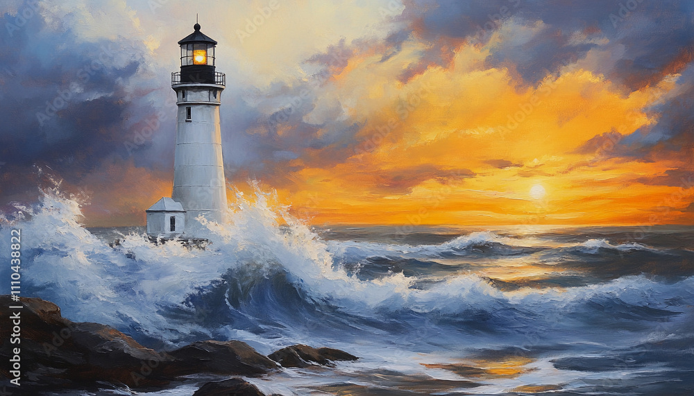 Fototapeta premium Dramatic sunset over a lighthouse with crashing waves