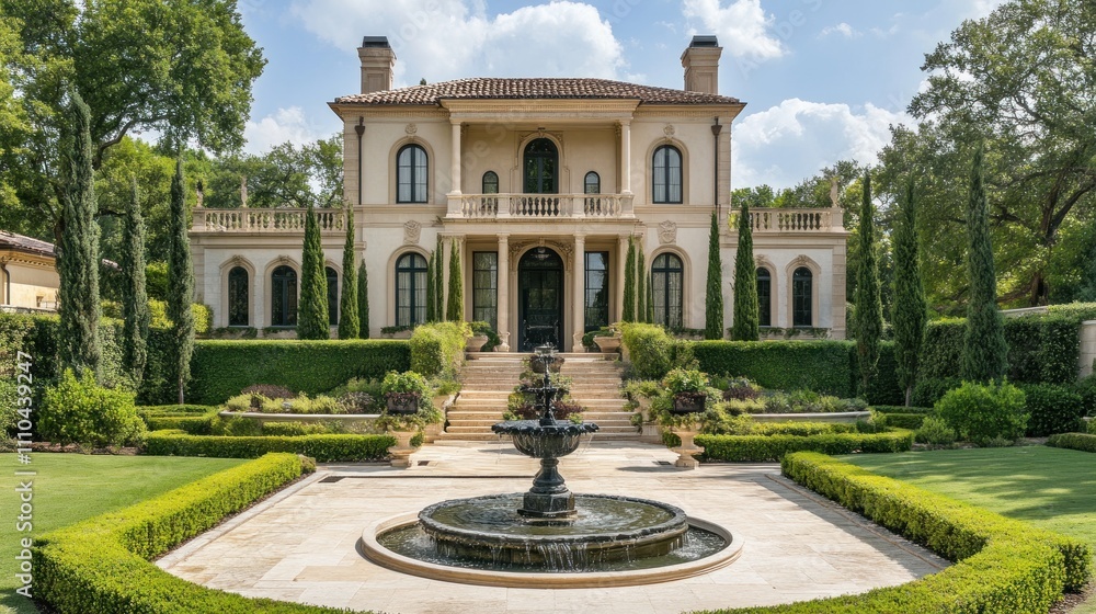 Obraz premium Elegant mansion with formal gardens and fountain.