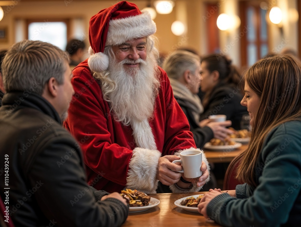 A volunteer in Santa Claus costume distributes food to homeless people in the a mess hall. His smiling's creating a moment of joy and generosity. A volunteer in Santa Claus costume distributes food to homeless people in the a mess hall. His smiling's creating a moment of joy and generosity.
