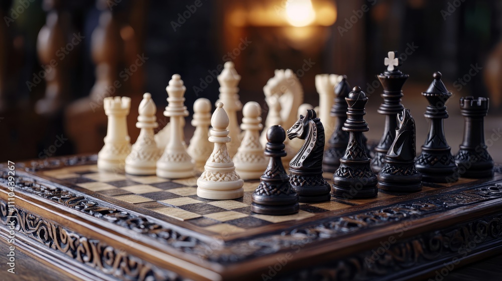 An ornate black and white chess set carved from ivory, set on a detailed wooden chessboard, glowing softly in ambient light An ornate black and white chess set carved from ivory, set on a detailed wooden chessboard, glowing softly in ambient light
