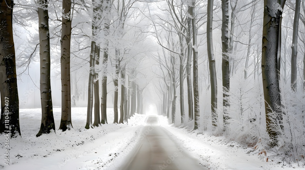 Naklejka premium A serene winter landscape featuring a snow-covered road lined with bare trees.