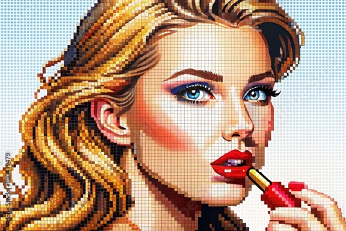 Vintage 8-bit Girl Applying Red Lipstick in Pixel Art Style for Makeup Product Illustration, Retro 80s 90s Computer Graphics, Lip Cosmetics Design for Creative Projects photo