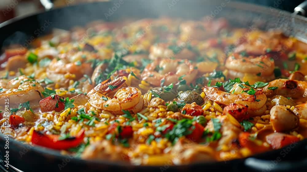 Savoring a vibrant seafood dish prepared with fresh ingredients in a lively kitchen setting Savoring a vibrant seafood dish prepared with fresh ingredients in a lively kitchen setting