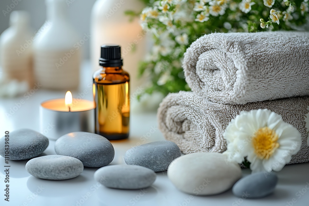 Bottled massage oils, lit candles, towels, a zen pyramid of gray stones. The concept of relaxation and peace. SPA or massage room. Bottled massage oils, lit candles, towels, a zen pyramid of gray stones. The concept of relaxation and peace. SPA or massage room.