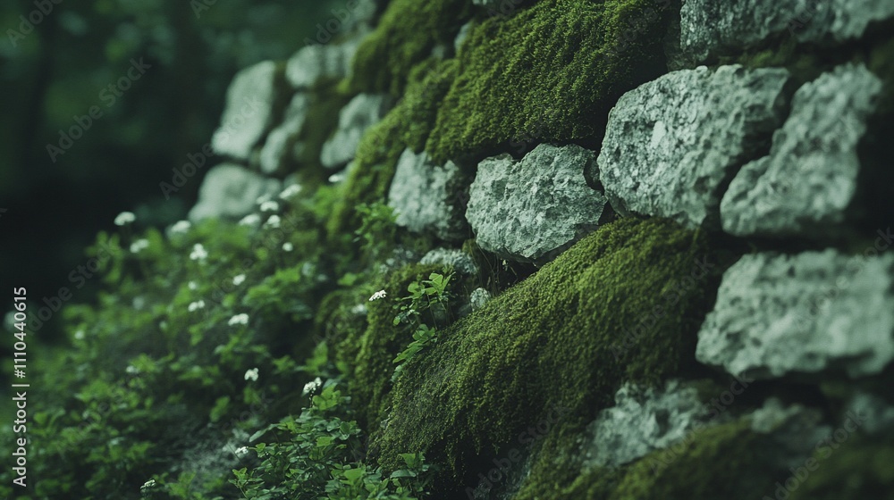 Mossy stone wall with wildflowers. Mossy stone wall with wildflowers.