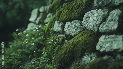 Mossy stone wall with wildflowers.