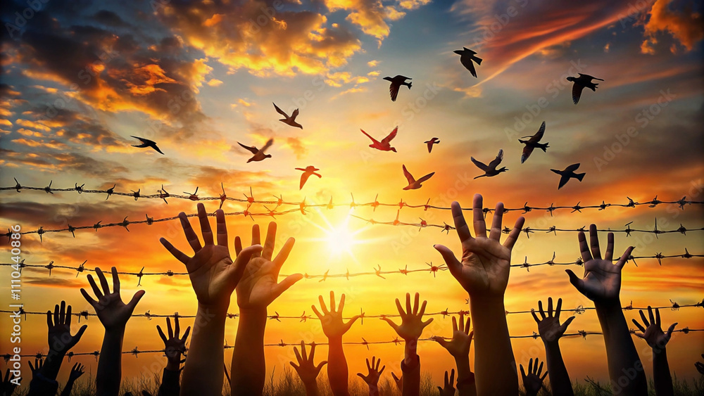 Hopeful silhouettes reach towards a vibrant sunset, transcending barbed wire; birds fly freely above. Hopeful silhouettes reach towards a vibrant sunset, transcending barbed wire; birds fly freely above.