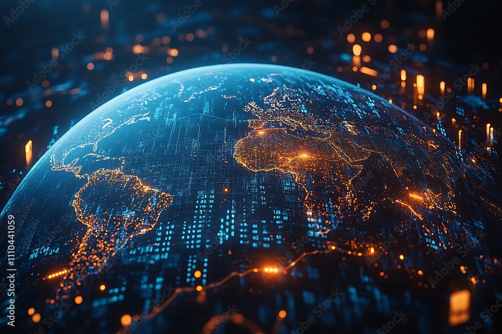 Night planet earth from space with light lines of communication and connection. Business and finance, concept. Global communications system and the World Wide Web. Technologies and communications. Night planet earth from space with light lines of communication and connection. Business and finance, concept. Global communications system and the World Wide Web. Technologies and communications.