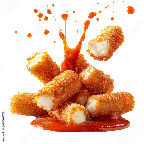 Delicious fried mozzarella sticks splashing with sauce isolated on white & transparent a background.