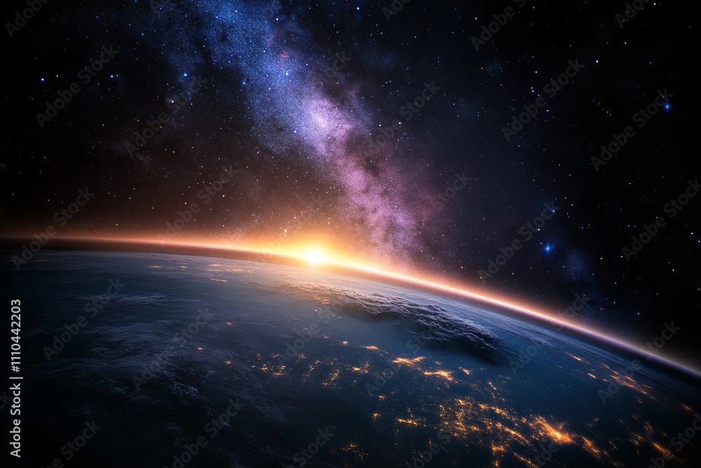A view of Earth from space with the Milky Way in the background and city lights visible on the surface. A view of Earth from space with the Milky Way in the background and city lights visible on the surface.