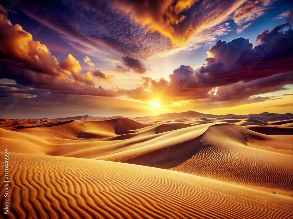 Naklejka premium Vintage Style Abstract Visualization of a Serene Desert Landscape with Majestic Sand Dunes Bathed in the Warm Glow of a Breathtaking Sunset for Artistic Exploration and Inspiration