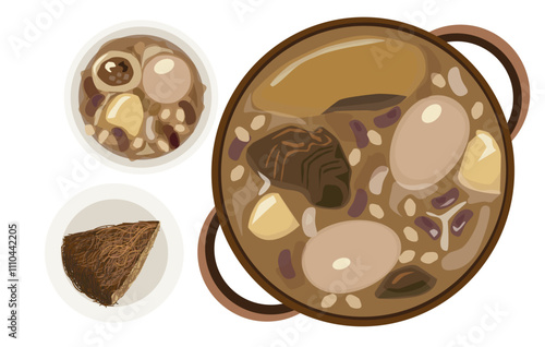 Cholent. A traditional Jewish dish eaten on Shabbat. A casserole of potatoes, meat, eggs and legumes. Kishke. A plate with Jerusalem kugel and a personal serving in a soup pot. Isolated vector.