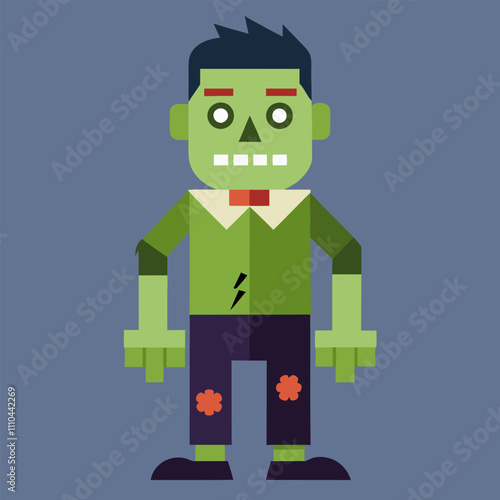 A flat style zombie character with a green shirt and red tie