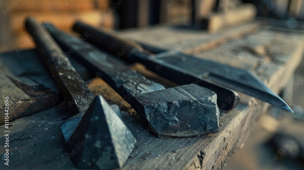 Close-up of ancient stone tools, sharp flint knives, and polished axes on a weathered wooden surface, symbolizing prehistoric craftsmanship and the dawn of human ingenuity.. Close-up of ancient stone tools, sharp flint knives, and polished axes on a weathered wooden surface, symbolizing prehistoric craftsmanship and the dawn of human ingenuity..