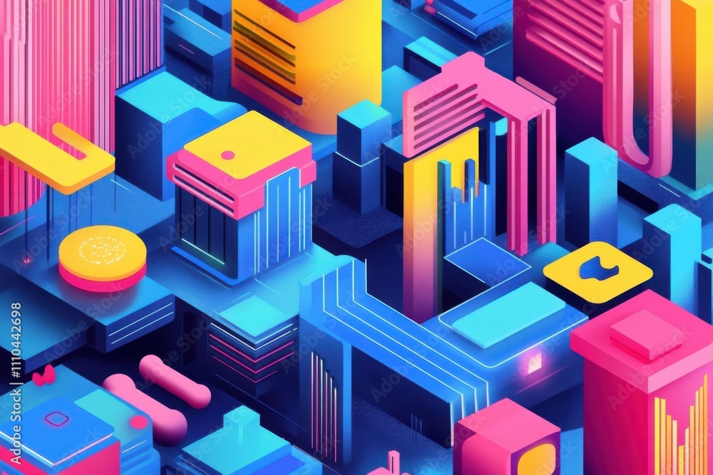 Abstract Isometric Digital Cityscape Illustration Featuring Vibrant Colors and Geometric Shapes Representing Modern Technology and Data Abstract Isometric Digital Cityscape Illustration Featuring Vibrant Colors and Geometric Shapes Representing Modern Technology and Data