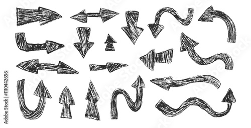 Arrow set crayon drawing. Chalk handwritten symbols. Pointers by pencil isolated on white background. Vector freehand turn, down, up and left right direction illustration