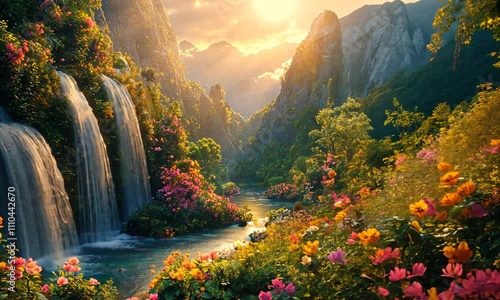 Serene waterfall surrounded by vibrant flowers and mountains.