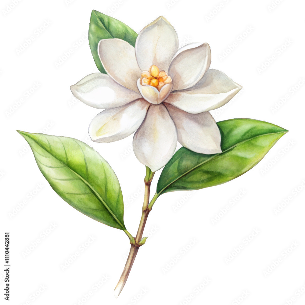 Obraz premium Watercolor cut out Sampaguita flower with stem isolated on white background