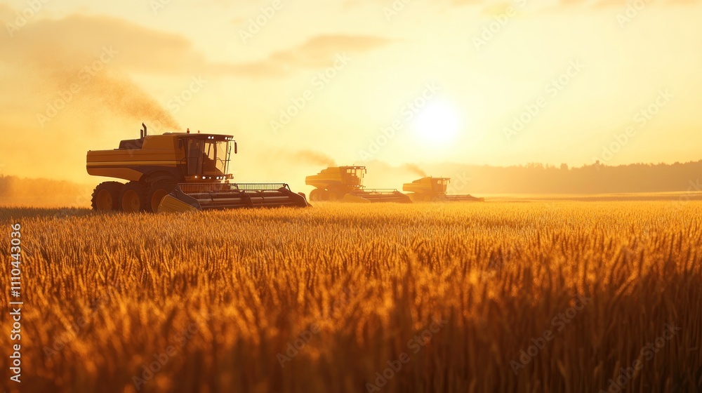 Fototapeta premium Field of wheat with a fleet of tractors and combines ready for harvest, golden hour,