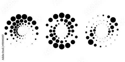 Set of black dotted vortex shapes. Geometric art. Halftone dots. Trendy design element for logo, tattoo, sign, symbol, web, prints, posters, social media, template, pattern and abstract background