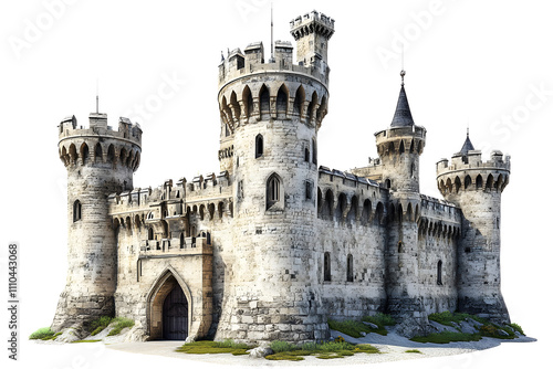 Medieval stone castle with towers, turrets, and battlements, isolated on PNG cutout background.