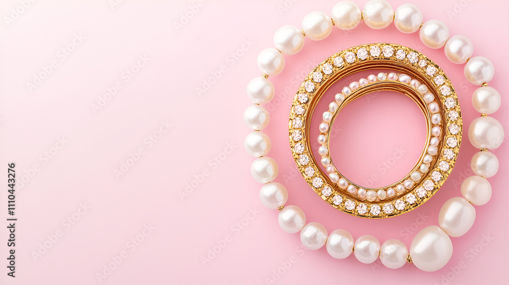 golden with pearl bracelets on pink and white background ai generative golden with pearl bracelets on pink and white background ai generative