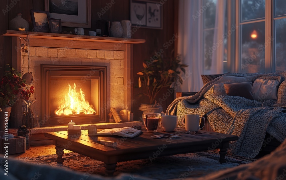 A cozy living room with a roaring fireplace, soft blankets, and a cup of hot chocolate on a wooden coffee table, bathed in warm light A cozy living room with a roaring fireplace, soft blankets, and a cup of hot chocolate on a wooden coffee table, bathed in warm light
