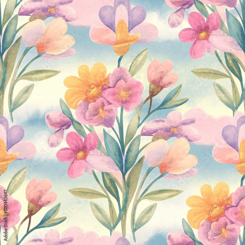 Floral pattern in soft pastel colors on a blue sky.