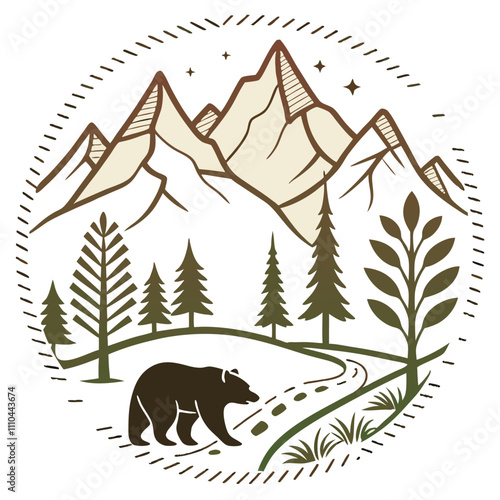 Adobe Illustrator Artwork, a bear is in the woods with trees in the background.