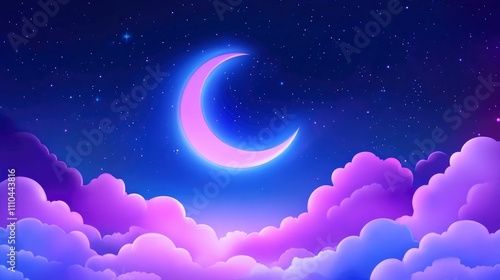 Night sky with a crescent moon and clouds, a dreamy atmosphere, digital illustration.