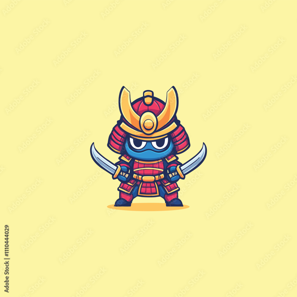Obraz premium Cartoon Samurai Warrior with Dual Swords in Vibrant Armor on Soft Yellow Background