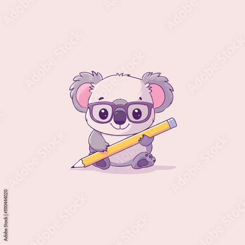 Adorable Cartoon Koala with Glasses Holding a Pencil on Pastel Background photo