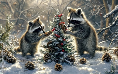 A family of raccoons decorating a tiny Christmas tree with pinecones and berries in a snowy woodland scene