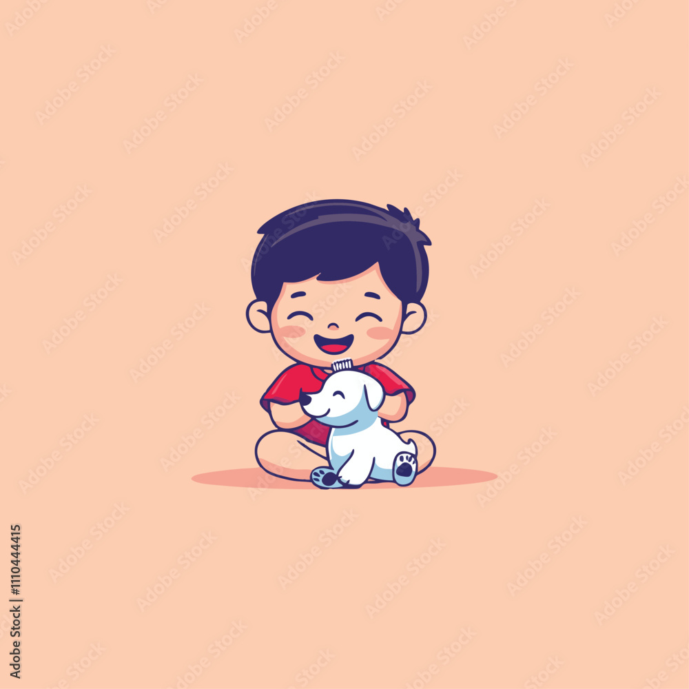 Cute illustration of happy child with playful dog on pastel background celebrating joy and friendship Cute illustration of happy child with playful dog on pastel background celebrating joy and friendship