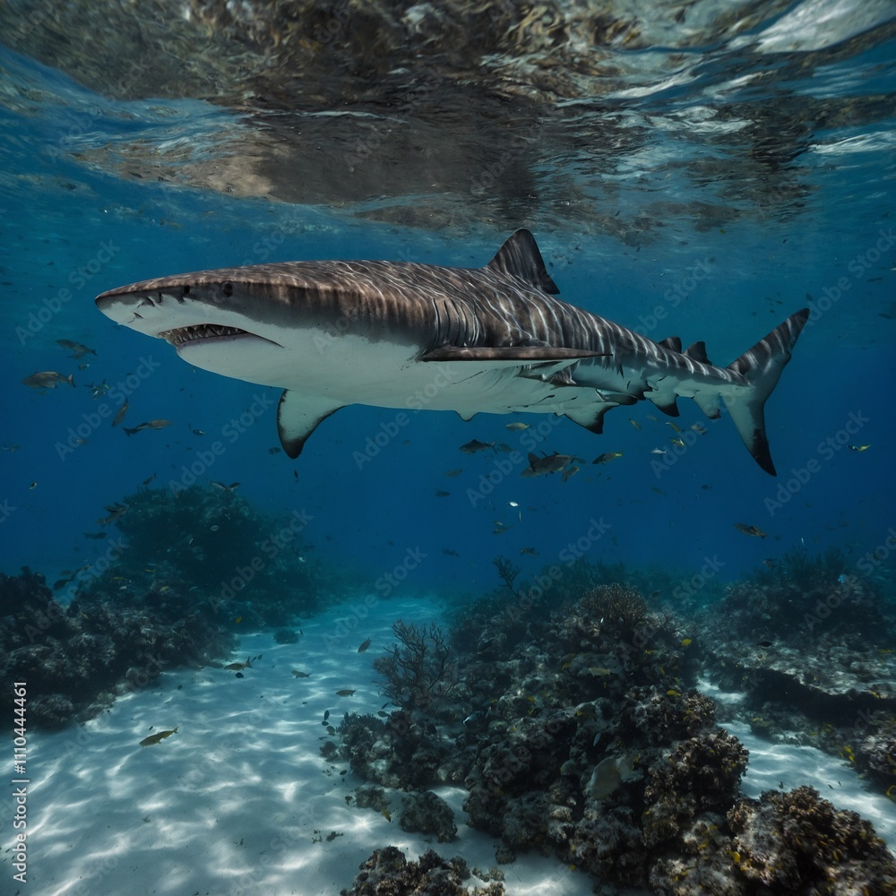 Naklejka premium A tiger shark with bioluminescent patterns gliding through clear water.