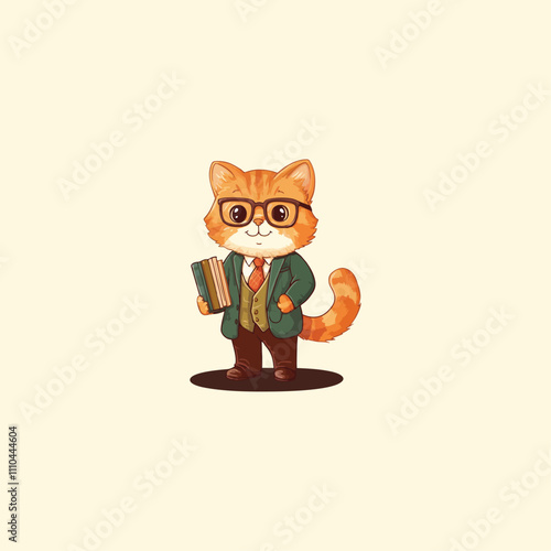 Cute Cat Professor Illustration with Glasses and Books on Plain Background