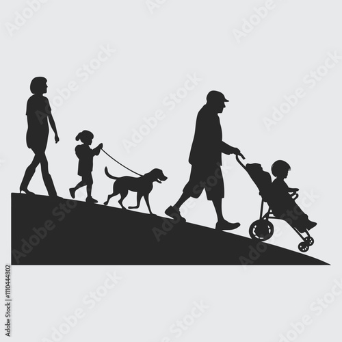 group-people-all-ages-activities-with-dogs silhouette vector art and illustration