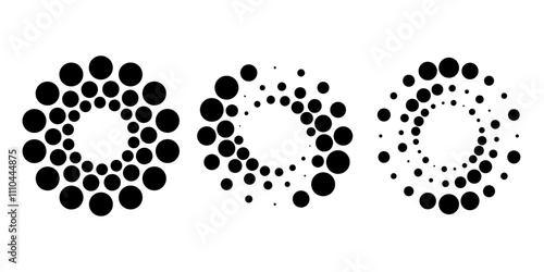 Set of black dotted vortex shapes. Geometric art. Halftone dots. Trendy design element for logo, tattoo, sign, symbol, web, prints, posters, social media, template, pattern and abstract background