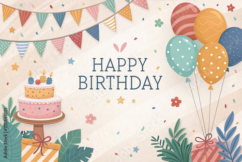 Festive birthday celebration with cake, balloons, gifts, and bunting.