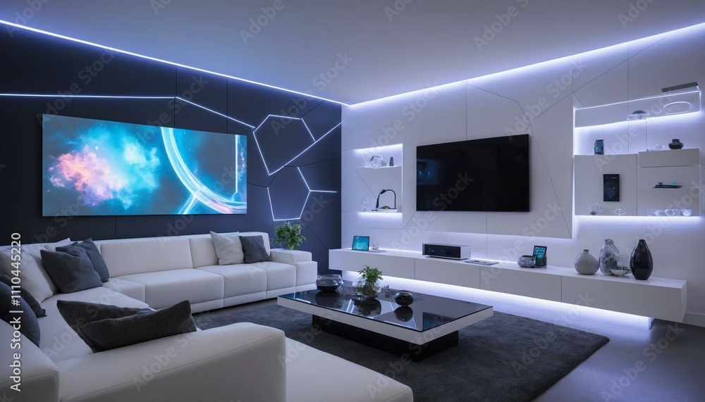 A futuristic living room with a white sectional sofa, a large TV, and LED strip lighting creating a modern, ambient atmosphere. A futuristic living room with a white sectional sofa, a large TV, and LED strip lighting creating a modern, ambient atmosphere.