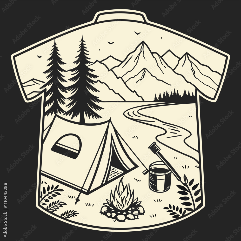 Adobe Illustrator Artwork, a sign for a camping tent and a mountain with mountains in the background. Adobe Illustrator Artwork, a sign for a camping tent and a mountain with mountains in the background.