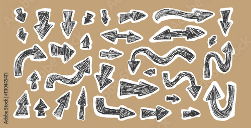 Arrow collage set crayon drawing Pointers isolated. Navigation marks. Scribble doodle paper signs. Vector hand drawn illustration