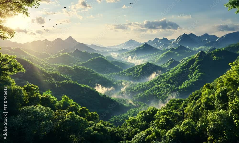 Lush green mountains with mist and serene skies.
