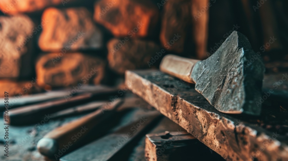 Close-up of ancient stone tools, sharp flint knives, and polished axes on a weathered wooden surface, symbolizing prehistoric craftsmanship and the dawn of human ingenuity.. Close-up of ancient stone tools, sharp flint knives, and polished axes on a weathered wooden surface, symbolizing prehistoric craftsmanship and the dawn of human ingenuity..