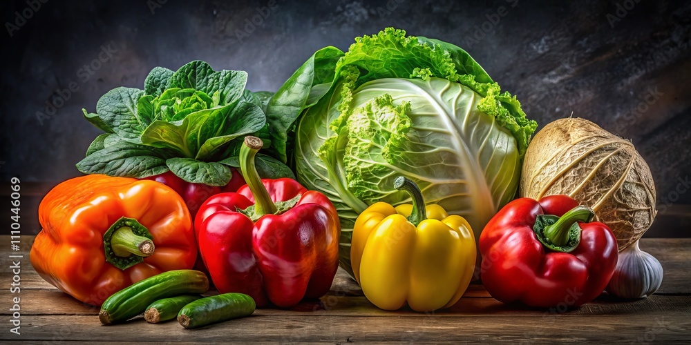 A Vibrant Collection of Fresh Vegetables: Cabbage, Bell Peppers, and More Isolated on a Background for Culinary and Nutritional Illustrations A Vibrant Collection of Fresh Vegetables: Cabbage, Bell Peppers, and More Isolated on a Background for Culinary and Nutritional Illustrations